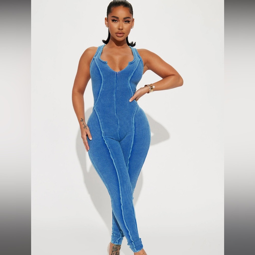 Fashion Nova Sandra Mineral Wash Navy Jumpsuit